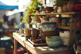 A Rustic Display of Second-Hand Pottery and Dishes at a Sunlit Market