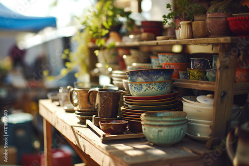 A Rustic Display of Second-Hand Pottery and Dishes at a Sunlit Market