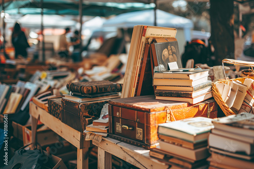 Vintage Treasures: Second-Hand Books and Boxes at a Flea Market