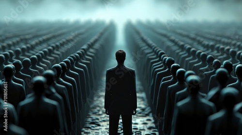 A man in business attire, standing with a look of quiet resolve amidst a sea of faceless, uniform figures. Individuality versus conformity concept