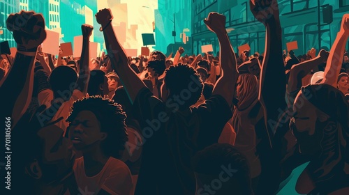 African American people in a crowd fighting and protesting in the street with raised fists against racism and racial discrimination, for change, freedom, justice and equality, Black Lives Matter © EMRAN