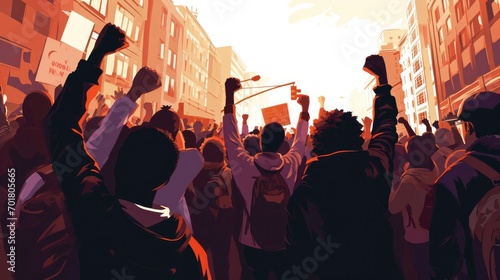 African American people in a crowd fighting and protesting in the street with raised fists against racism and racial discrimination, for change, freedom, justice and equality, Black Lives Matter © EMRAN