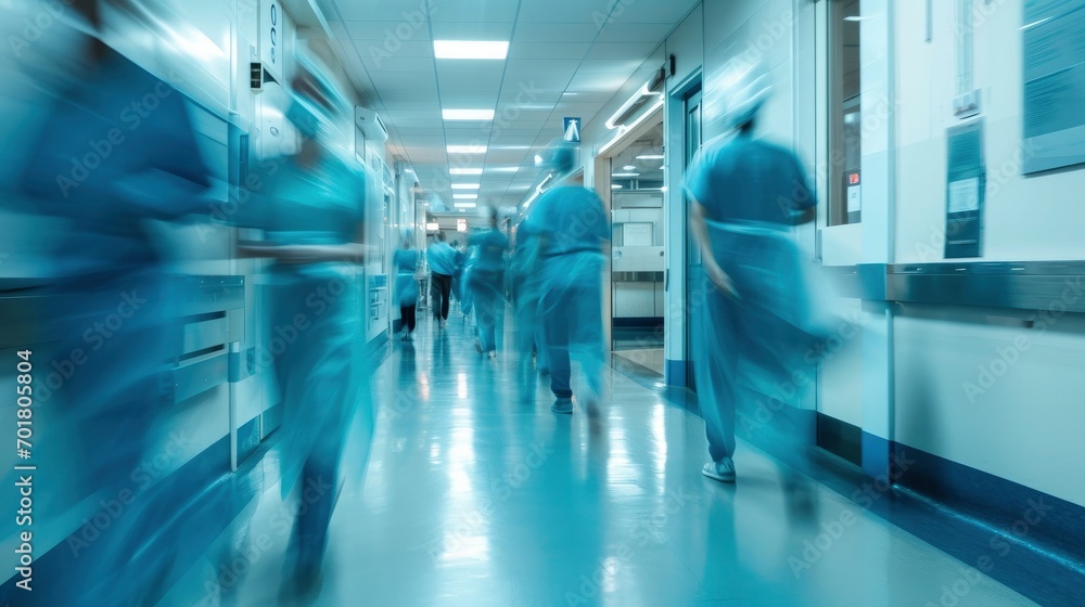 Long exposure blurred motion of medical doctors and nurses in a hospital ward wearing blue aprons, walking down a corridor