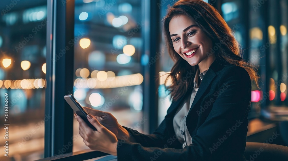 smiling business woman at work using smartphone applications - obrazy, fototapety, plakaty 