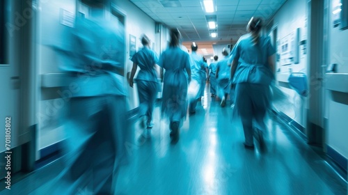 Long exposure blurred motion of medical doctors and nurses in a hospital ward wearing blue aprons, walking down a corridor