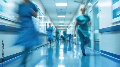 Long exposure blurred motion of medical doctors and nurses in a hospital ward wearing blue aprons, walking down a corridor photo