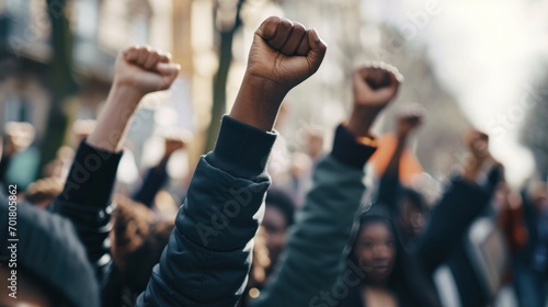 Multi-ethnic people raise their fists up in the air in a protest.