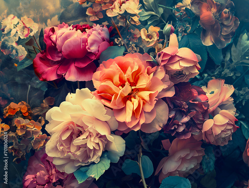 Colorful flowers and roses, peonies, leaves in style retro vintage wallpaper