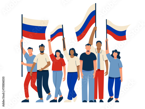 People with Russian flags at the rally. Russians are protesting. Elections, voting, freedom and rights. Vector illustration