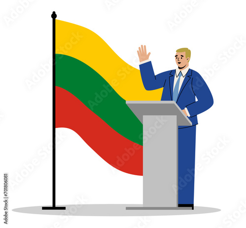 The President of Lithuania takes the oath of office. A man in a suit stands with the flag of Lithuania. Vector illustration