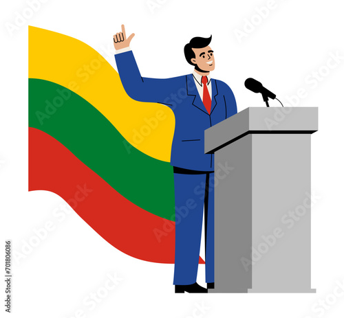The President of Lithuania takes the oath of office. A man in a suit stands with the flag of Lithuania. Vector illustration