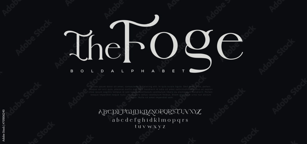 Foge premium luxury elegant alphabet letters and numbers. Elegant wedding typography classic serif font decorative vintage retro. Creative vector illustration