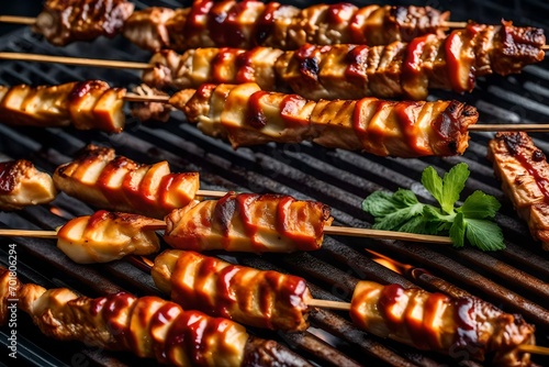 meat on the grill, chicken satay skewers topped with sauce
