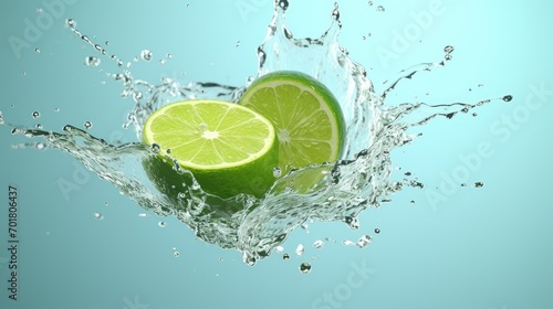 Fresh lime cut in half with water splash isolated on light blue background.