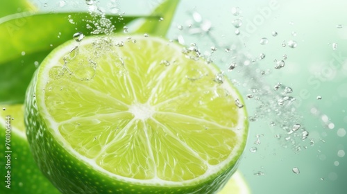 Juicy lime slices in soda water against white background, closeup