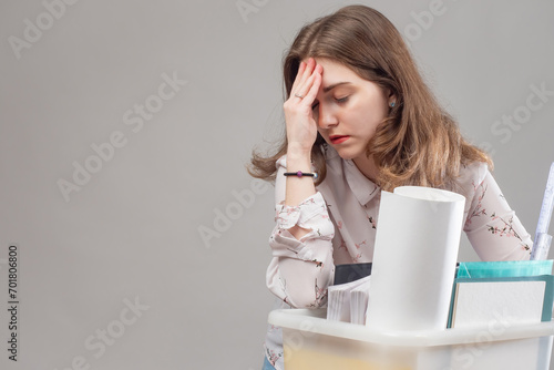 Fired woman. Upset girl wit...