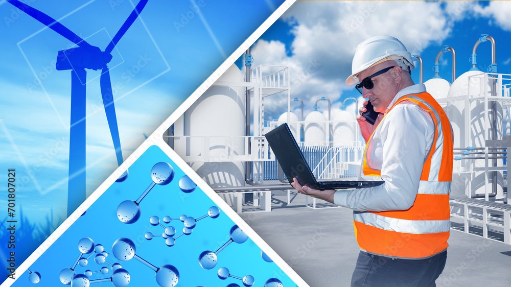 Hydrogen energy. Man engineer near wind turbine. Careers in wind energy