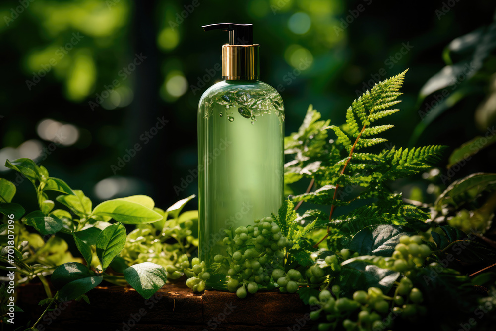 Green jar with a dispenser for organic and natural cosmetics on a wooden podium against the background of branches made of leaves. Layout for logo and label application Green jar with a dispenser for organic and natural cosmetics on a wooden podium against the background of branches made of leaves. Layout for logo and label application