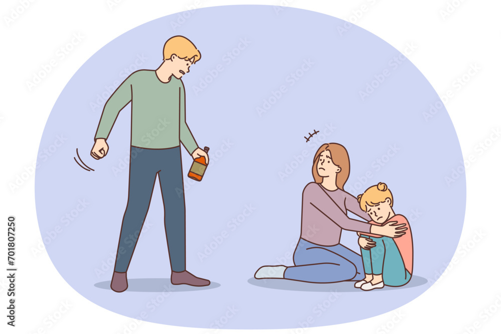 Scared mother protect child from drunk father Scared mother protect child from drunk father