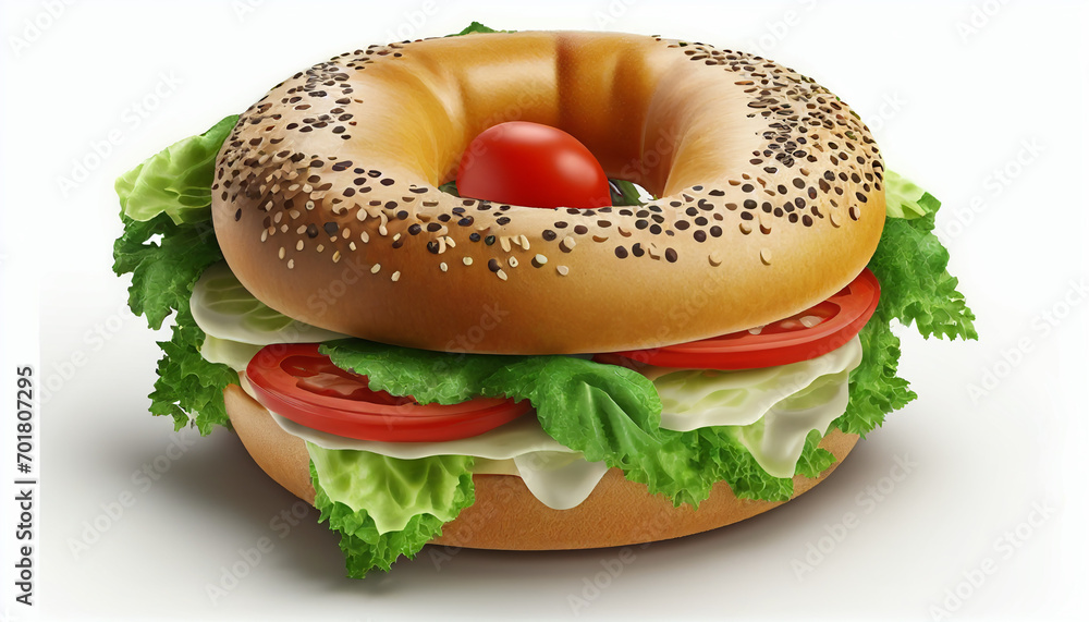 On a white background, bagels with lettuce and tomatoes isolated