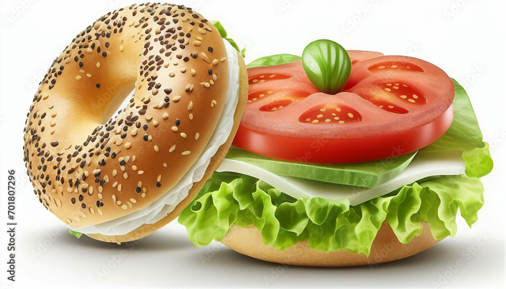 On a white background, bagels with lettuce and tomatoes isolated On a white background, bagels with lettuce and tomatoes isolated