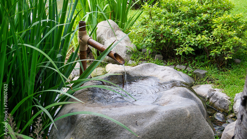 Rustic zen japanese bamboo water fountain in a garden