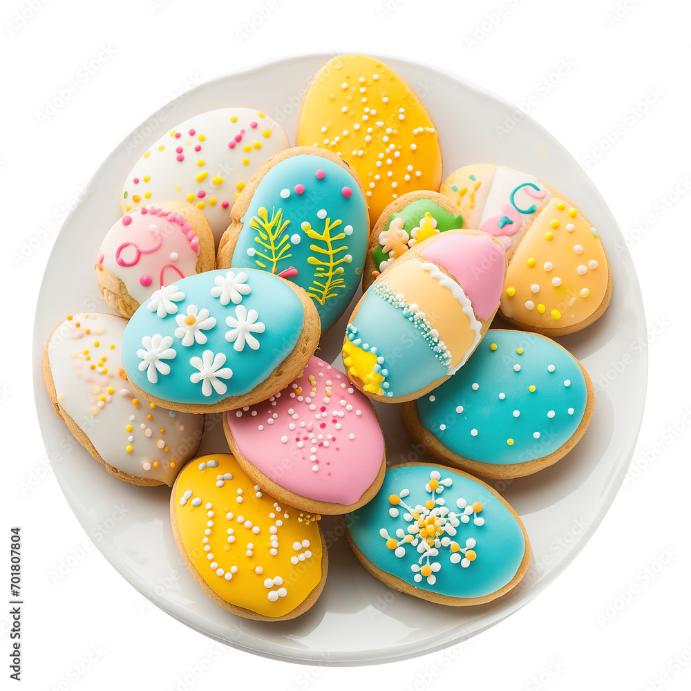 Plate with colourful easter cookies isolated on a white background