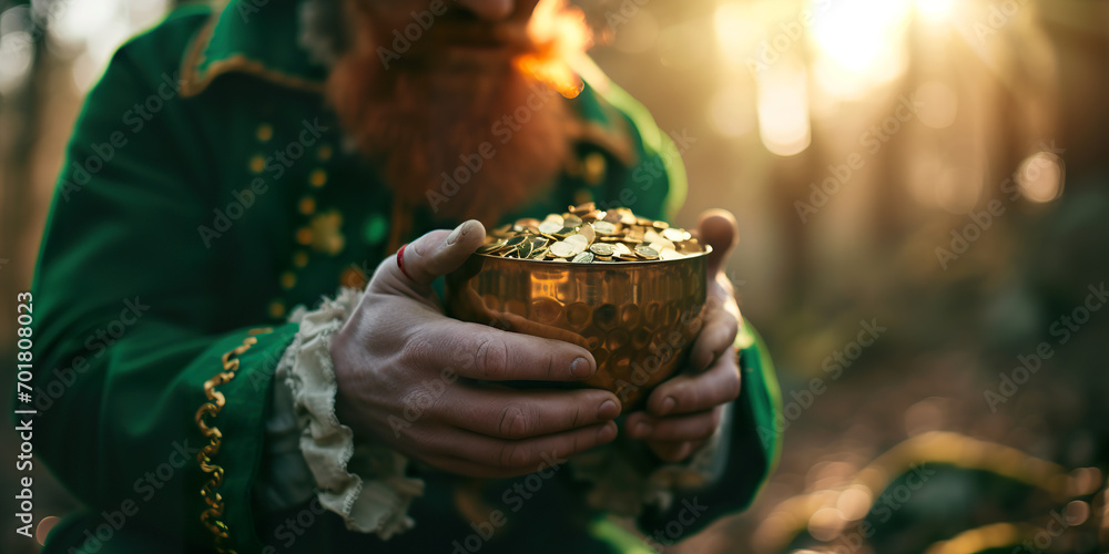 Man in a leprechaun costume holding a pot of gold. Man in a leprechaun costume holding a pot of gold.
