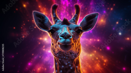 Cute giraffe on shiny colored space background. Generative AI photo