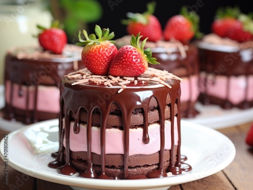 A close up of a chocolate cake with strawberries on top. Valentine's Day desserts.