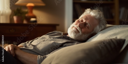 Elderly man dozing off, taking a nap on the sofa , concept of Relaxation photo