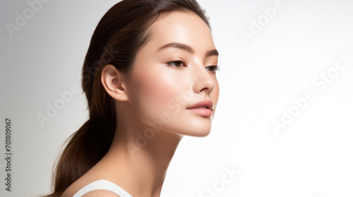 clean natural make up profile of young Asian woman with blue eyes on isolated background