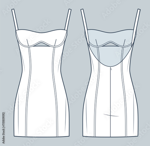 Strap Dress technical fashion illustration. Bustier Mini Dress fashion flat technical drawing template, square neck, slim fit, side zip-up, front and back view, white color, women's Dress CAD mockup.