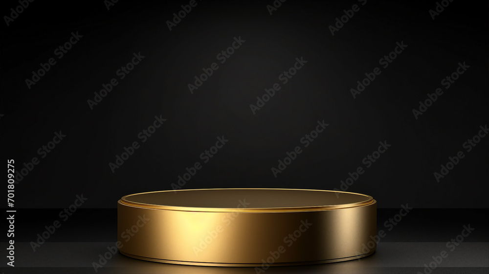 Surreal Elegance: Empty Gold Cylinder Podium Floating on Black Background – Modern Minimalist Showcase with Shiny Metallic Pedestal for Artistic Product Display and Luxury Concepts in 3D Rendering. Surreal Elegance: Empty Gold Cylinder Podium Floating on Black Background – Modern Minimalist Showcase with Shiny Metallic Pedestal for Artistic Product Display and Luxury Concepts in 3D Rendering.