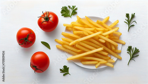 On an isolated white background, fries with tomatoes are placed on a table.