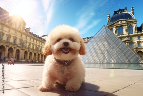 dog in front of Louvre Museum