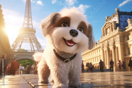 dog in front of Eiffel Tower