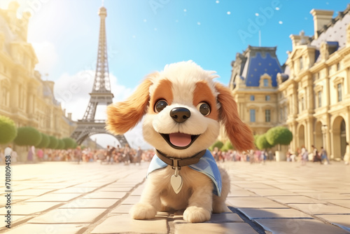dog in front of Eiffel Tower