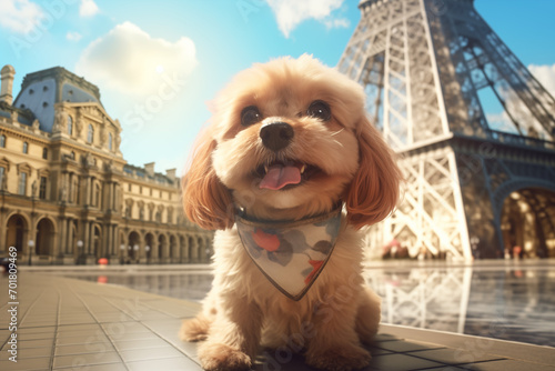 dog in front of Eiffel Tower
