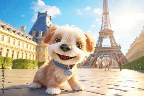 dog in front of Eiffel Tower