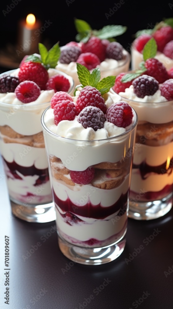 A close up of three desserts with raspberries and whipped cream. Valentine's Day desserts. A close up of three desserts with raspberries and whipped cream. Valentine's Day desserts.