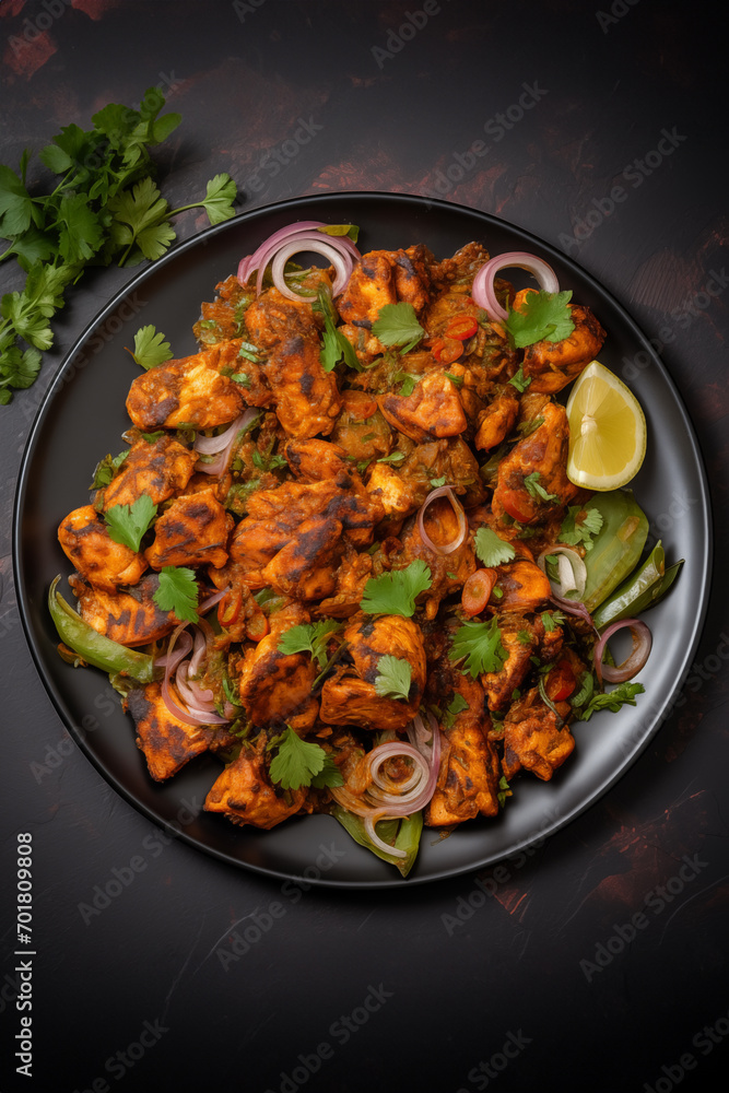 Chicken tikka masala spicy curry meat food in black plate, flat lay Chicken tikka masala spicy curry meat food in black plate, flat lay