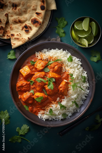 Chicken tikka masala spicy curry meat food with rice and naan bread , flat lay