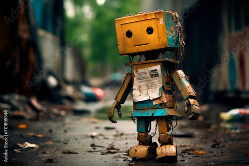 Cute funny robot made of garbage standing on a street
