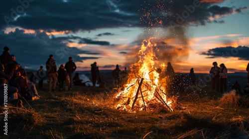 Community gathering around a roaring Easter bonfire