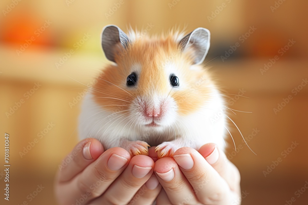 Portrait of a beautiful pet hamster in human hands, hamster looking into camera, caring for a pet, Generate Ai Portrait of a beautiful pet hamster in human hands, hamster looking into camera, caring for a pet, Generate Ai