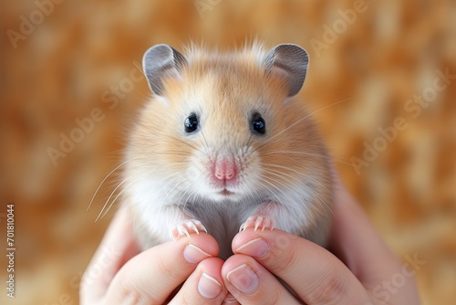 Portrait of a beautiful pet hamster in human hands, hamster looking into camera, caring for a pet, Generate Ai © Анатолий Савицкий