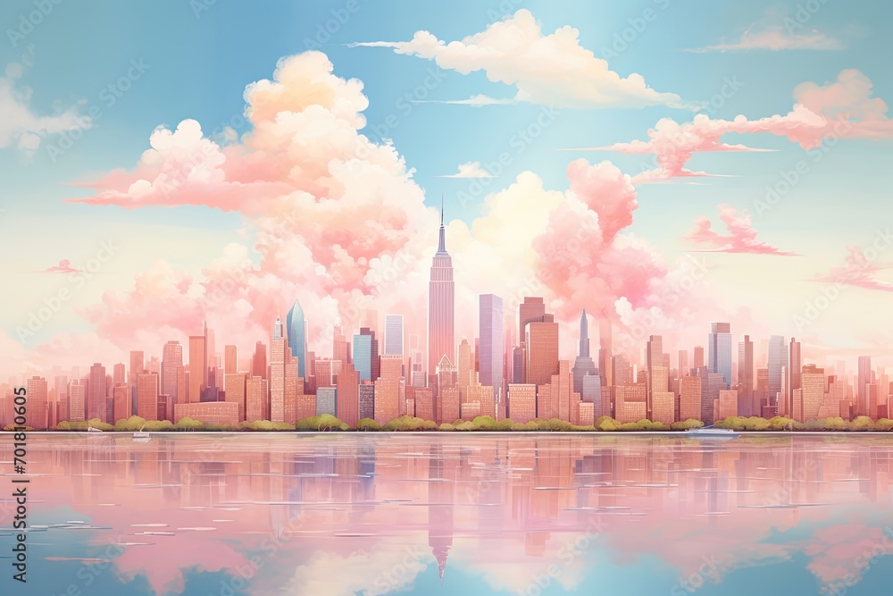 Cityscape with skyscrapers and clouds in the sky. Vector illustration, AI Generated