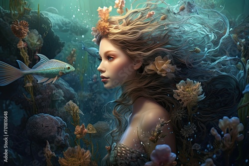 Beautiful mermaid in underwater world. Fantasy illustration. 3D rendering, AI Generated