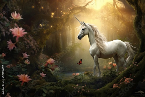 Unicorn in the magic forest. Fairytale scene. 3D rendering, AI Generated